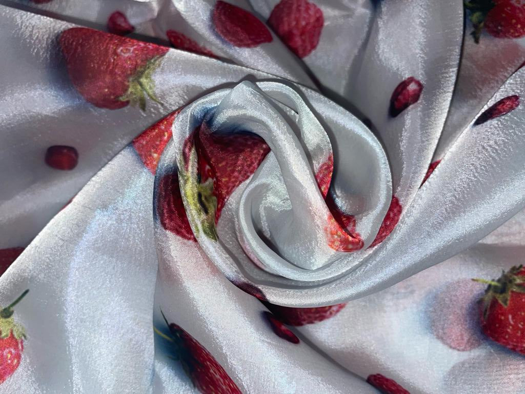 Satin organza fabric digital printed white silver with red strawberry –
