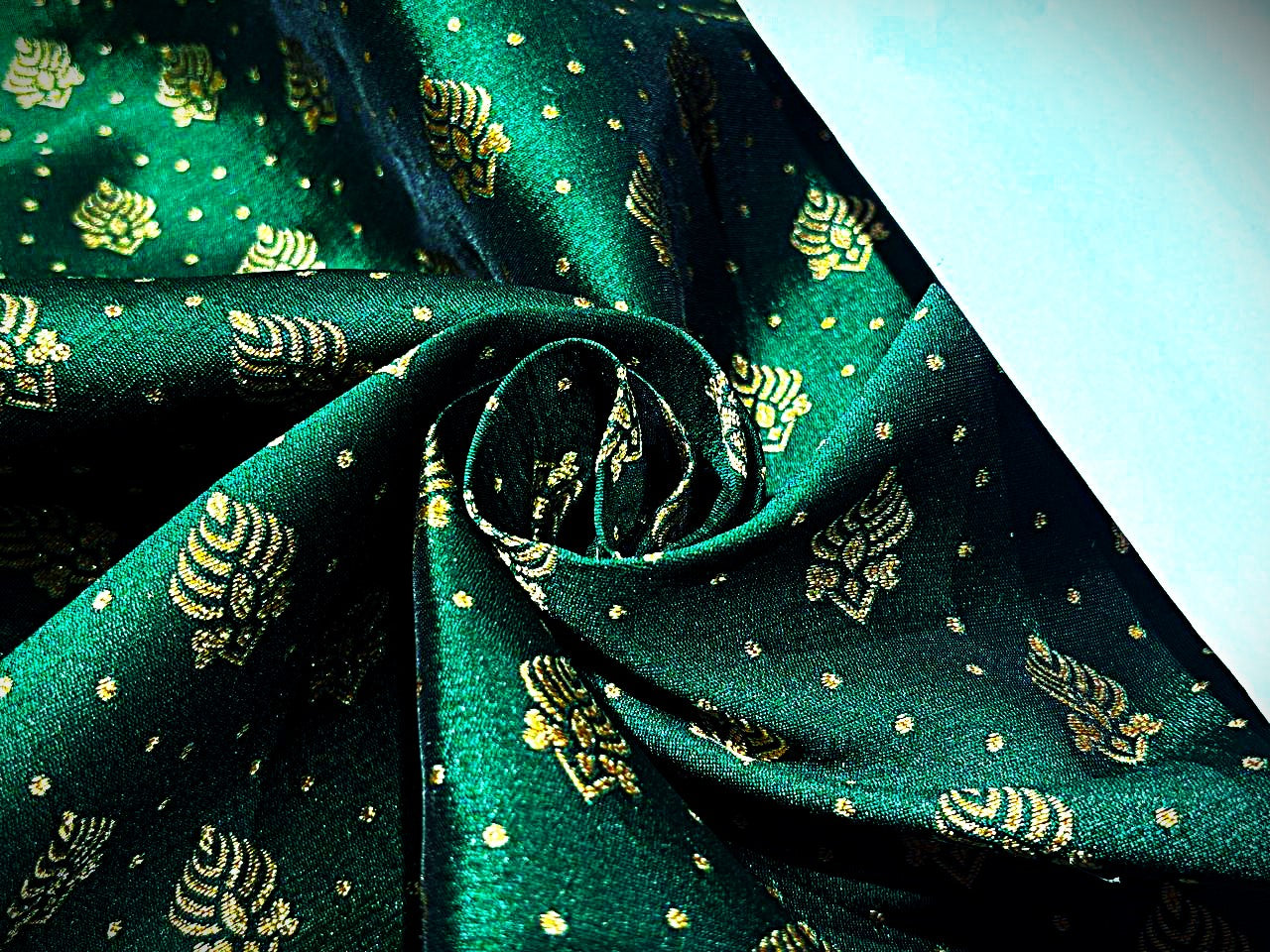 Silk Brocade fabric EMERALD GREEN with gold motif Jacquard 54