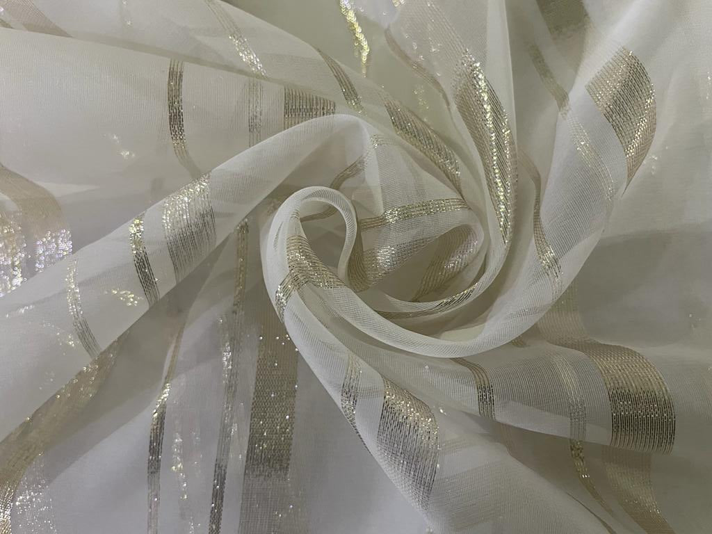 Silk Organza Fabric Ivory 54 with Silver and Pearl Hand Embroidery~ Semi  Sheer