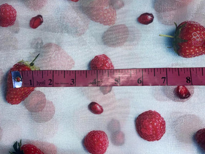 Satin organza fabric digital printed white silver with red strawberry WIDTH 44" 112 CMS WIDE [9316]