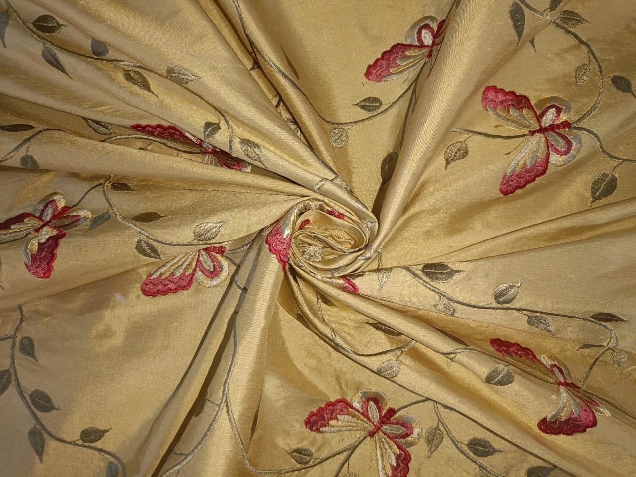 Butterfly Embroidery on Wine Shantung Embroidered Dupioni Silk main image 1