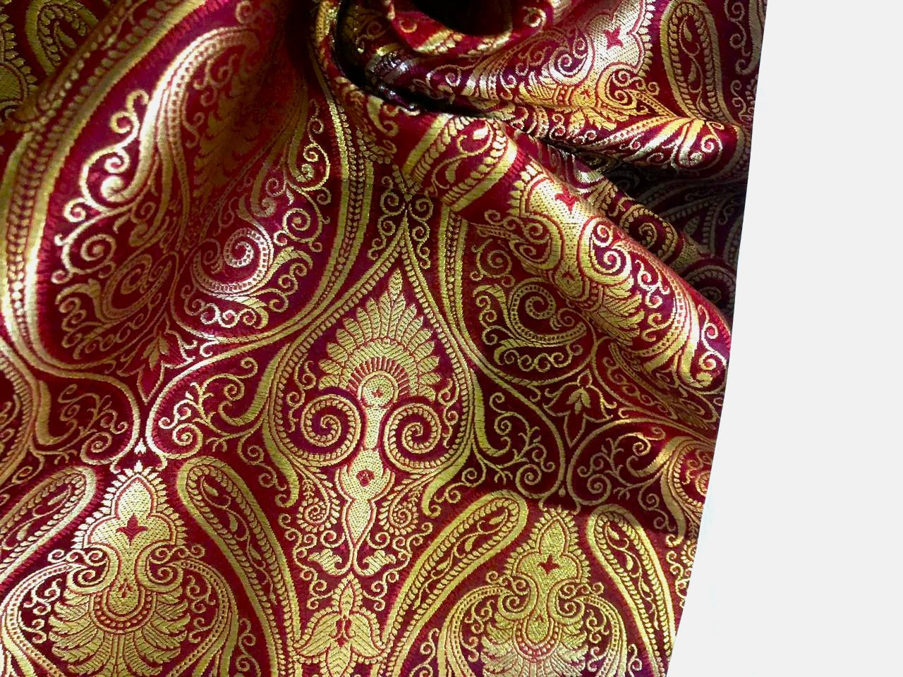 Silk Brocade fabric Blood red color 44" wide with metallic gold paisleys BRO931[4]