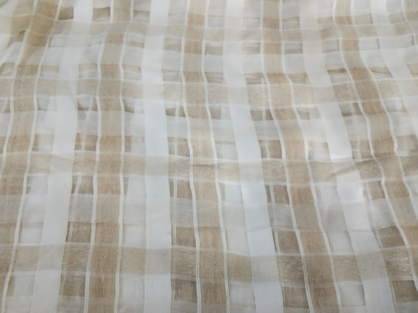 SEMI SILK ORGANZA FABRIC GOLD AND IVORY COLOR FANCY PLAIDS 56" WIDE [15302]