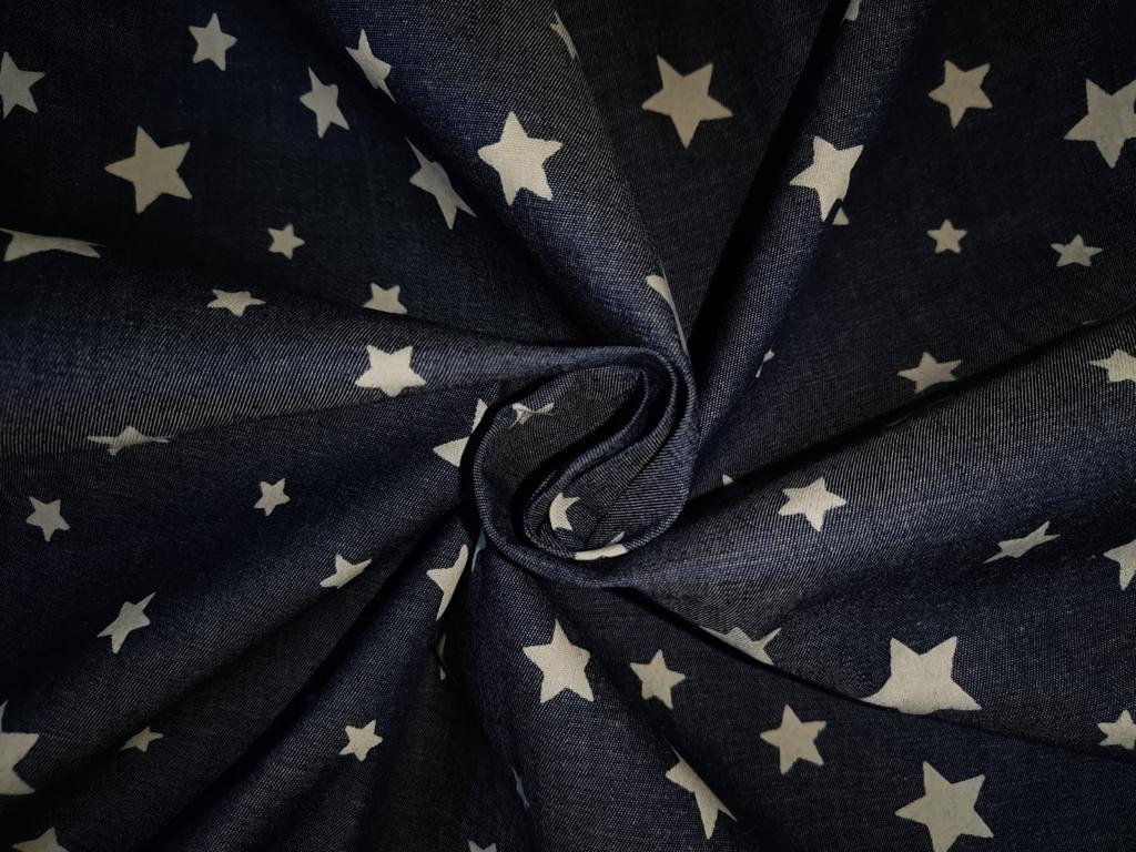 100% Cotton Denim  Fabric 58" wide available in FIVE STYLES  styles [ZIG ZAG / UNICORN / HEART / DENIM BLUE STARS /DINOSAUR/BLACK,BLUE STARS] [15054/55/66/68/15351/54]