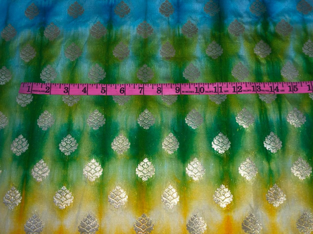 Silk Brocade fabric shades of blue yellow green with small metallic gold motif BRO915A[1]