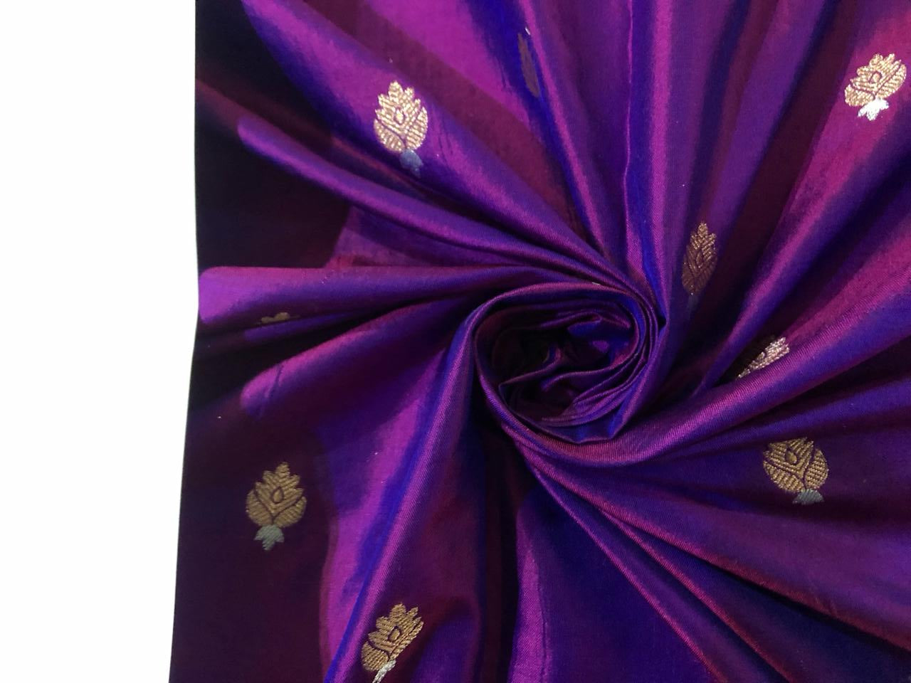 100% PURE Silk Brocade fabric 44" wide pink x purple 2 tone with small metallic gold ,silver motifs