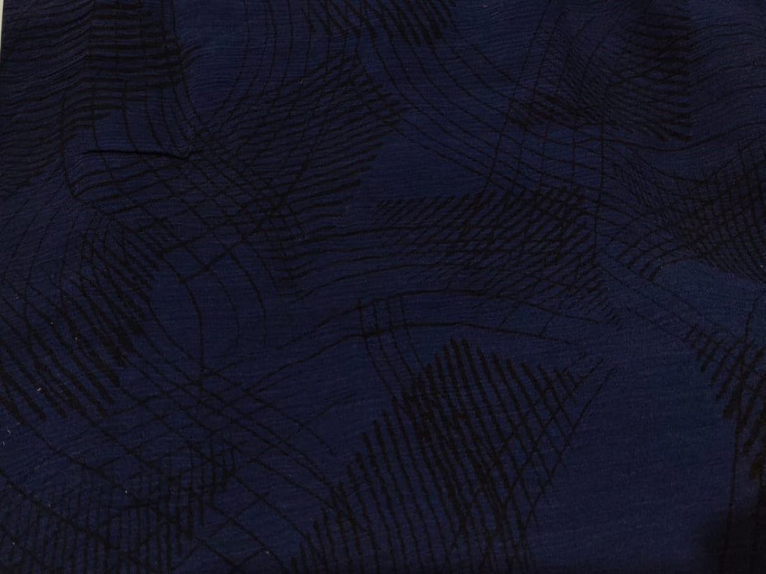 Silk chiffon printed  fabric NAVY with abstract black lines 44" wide [12374]