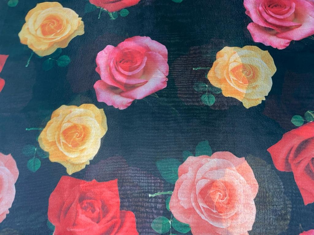 Satin organza fabric digital printed black with colorful roses WIDTH 44" 112 CMS WIDE [9220]