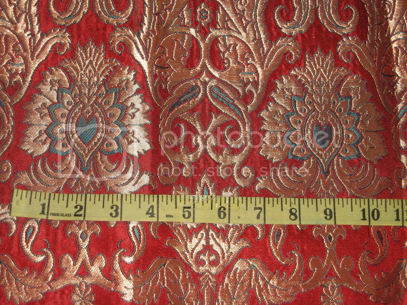 Silk Brocade Fabric Dark Pinkish Red,Teal &amp; Metallic Gold color BRO194[6]