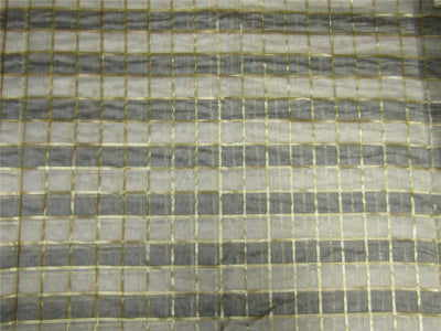 silk chanderi Brocade fabric plaids grey/ivory/gold 44&quot; wide