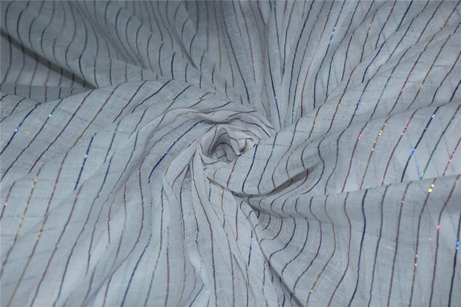 White cotton fabric with multi color stripe lurex weave 44&quot; wide