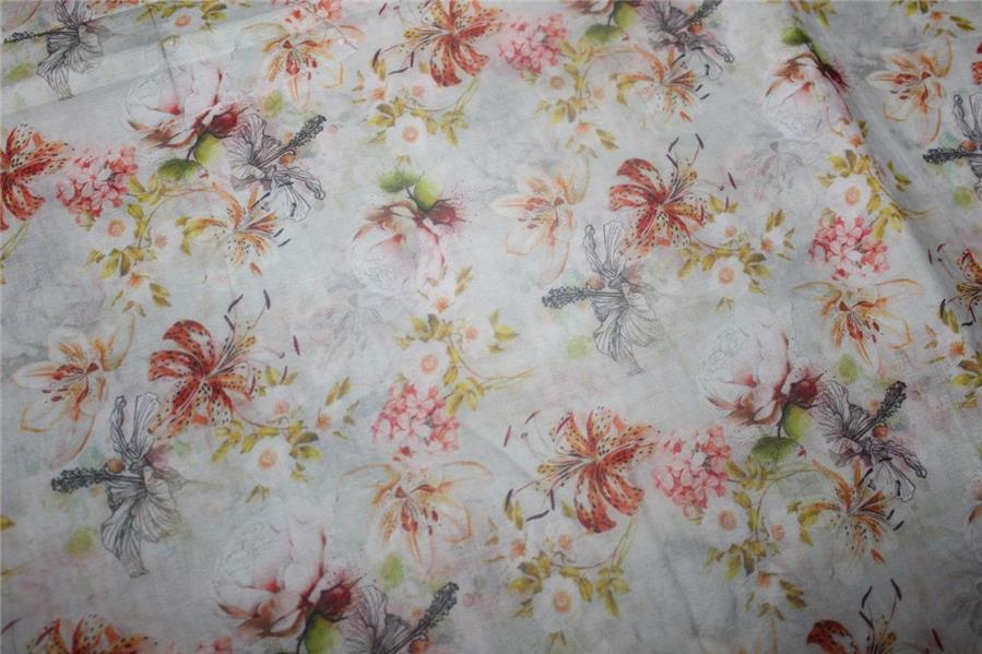 Cotton lawn digital printed fabric ivory color 44&quot; wide