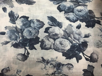 100% linen Beautiful Black Grey and White floral Print Fabric 58" wide [11670]