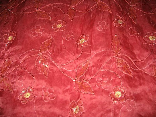 Red Wine Colour Silk Organza with Floral Embroidery~Width54