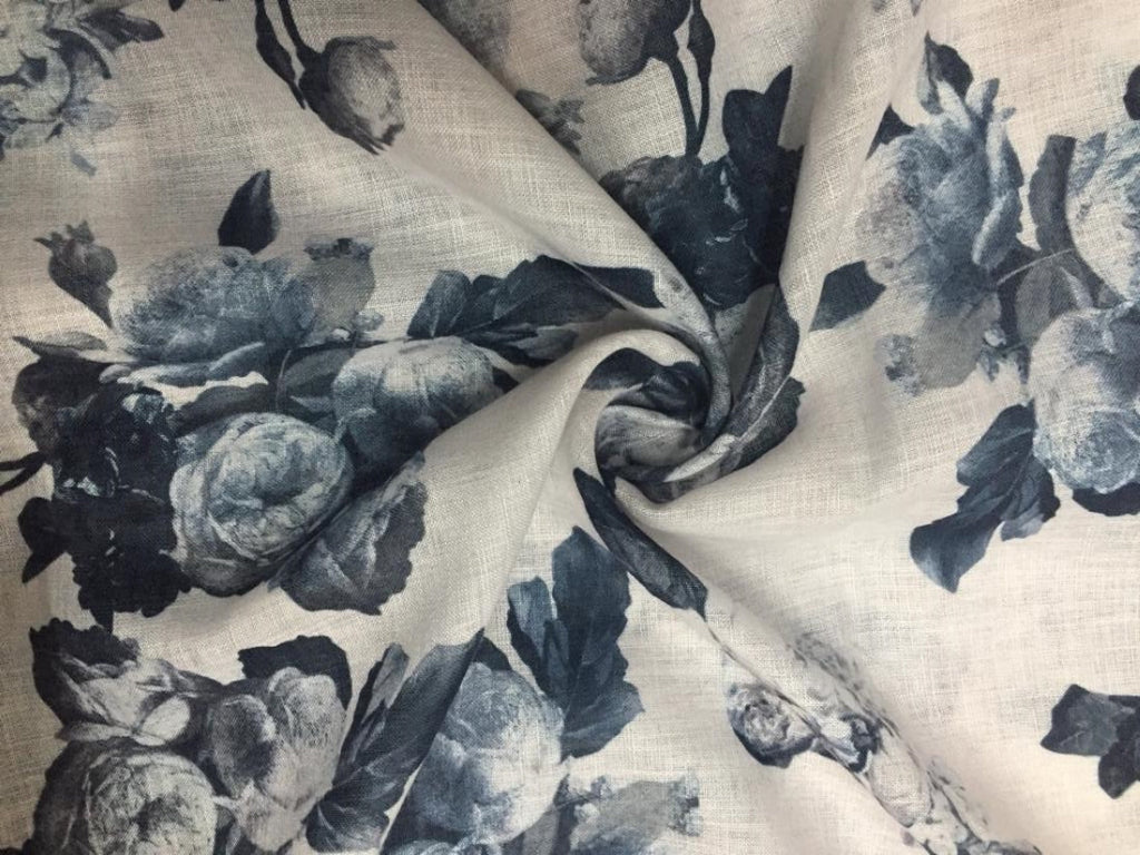 100% linen Beautiful Black Grey and White floral Print Fabric 58" wide [11670]