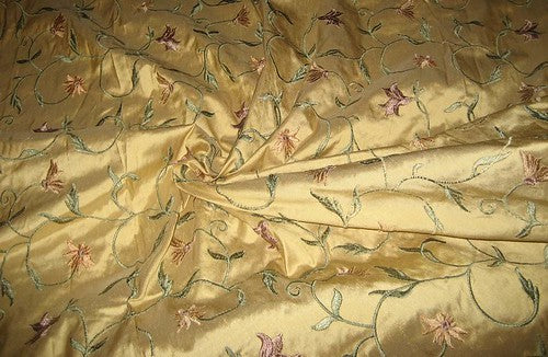 silk dupioni silk 54&quot;-Mustard Gold colour with floral embroidery DUPE63