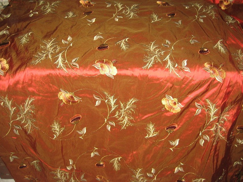 Pure SILK DUPIONI Fabric Floral Embroidery copper brown
