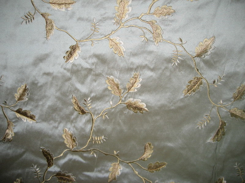 SILK DUPIONI Fabric Floral Embroidery Blue x Beige shot 54&quot; wide