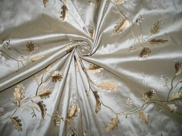 SILK DUPIONI Fabric Floral Embroidery Blue x Beige shot 54&quot; wide