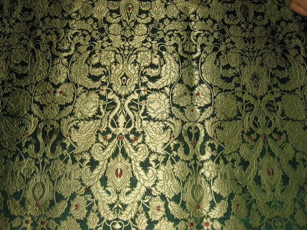 Pure Heavy Silk Brocade Fabric Green, Red & Gold col 36" wide BRO96[3]
