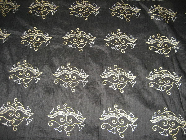 Pure SILK DUPIONI Fabric Embroidery on Jet Black
