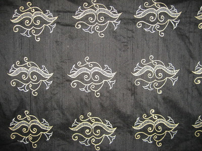 Pure SILK DUPIONI Fabric Embroidery on Jet Black