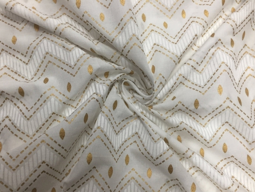 100% Cotton Printed White with golden jacquard Fabric 44" wide sold by the yard [8725]