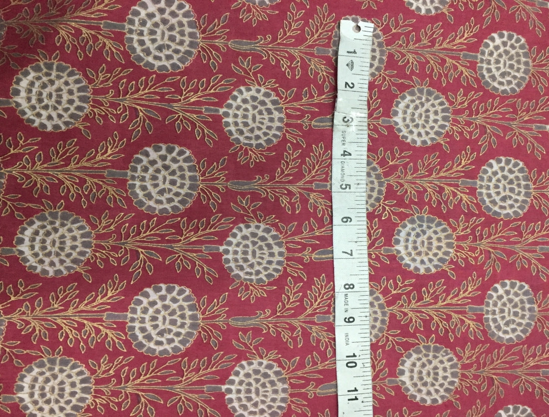 100% Cotton Printed Burgundy with grey floral golden jacquard Fabric 44" wide sold by the yard [11171]