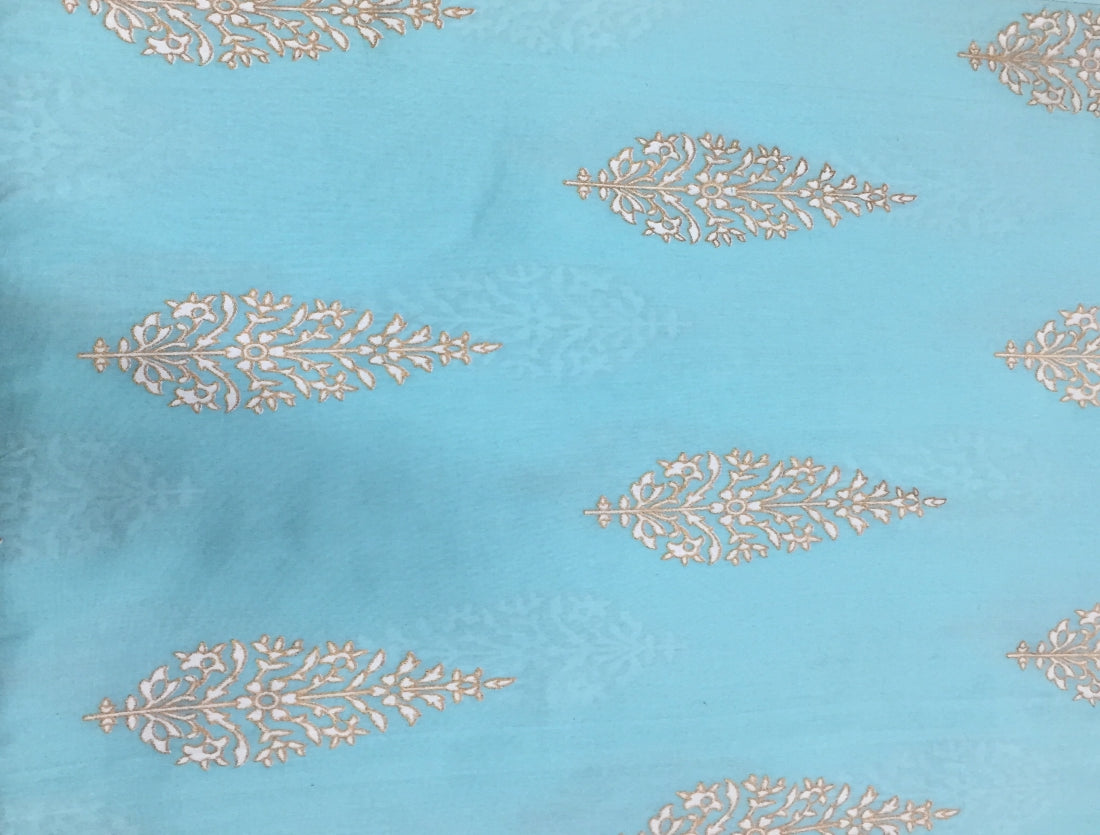 100% Cotton Printed light blue with floral golden jacquard Fabric 44" wide sold by the yard [11169]
