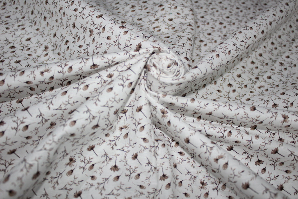 100% Linen Beautiful Ivory with Brown Floral Print Fabric 58" wide [10132]