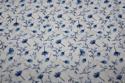100% Linen Beautiful Ivory with Blue Floral Print Fabric 58" wide [10503]