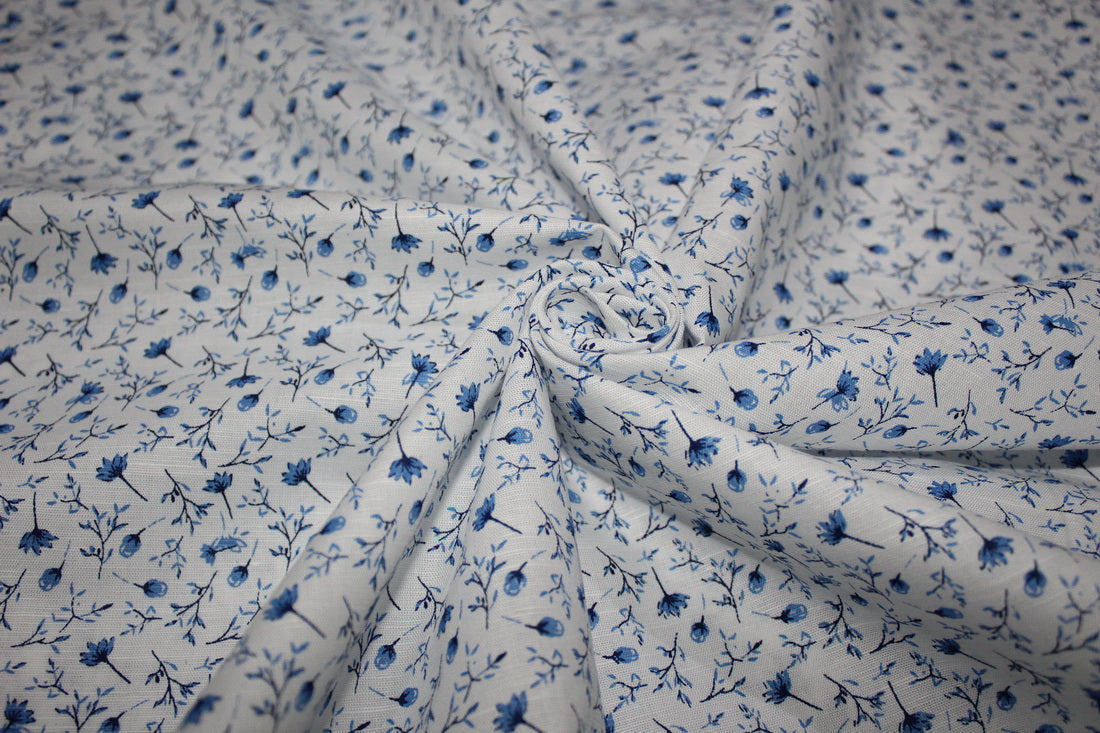 100% Linen Beautiful Ivory with Blue Floral Print Fabric 58" wide [10503]