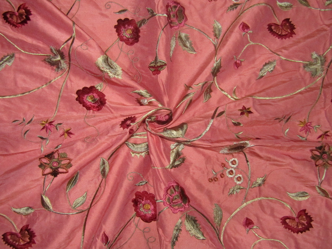 100% SILK DUPION CORAL FLORAL EMBROIDERY 54&quot; wide DUPE62[1]