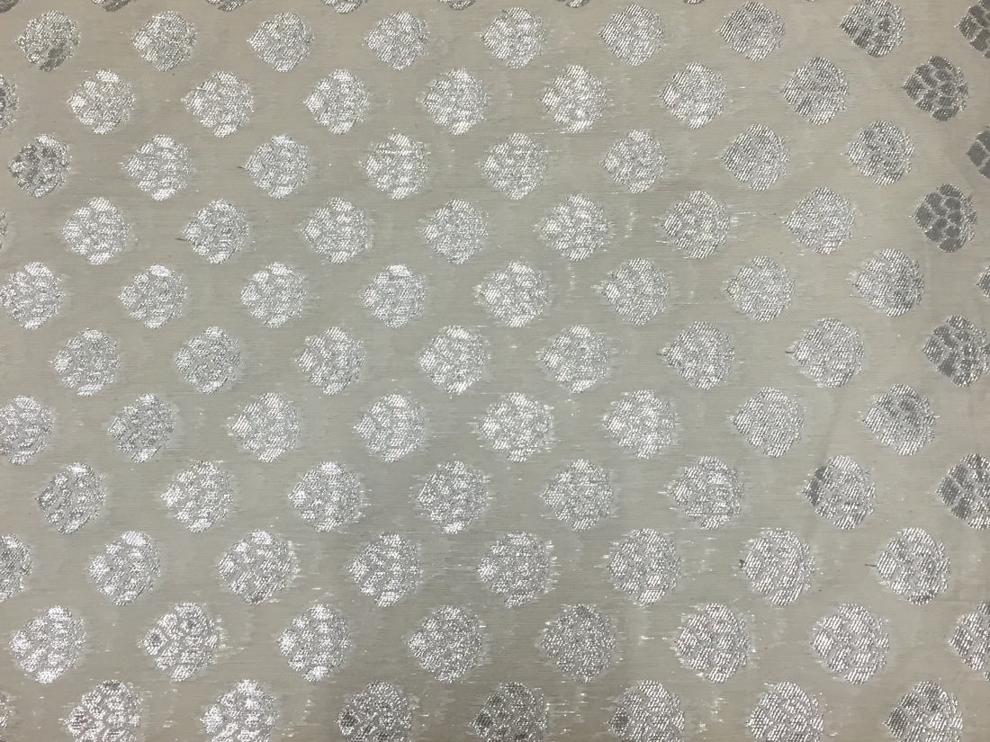 Cotton Chanderi silk fabric dyeable natural white with silver motifs 44" wide