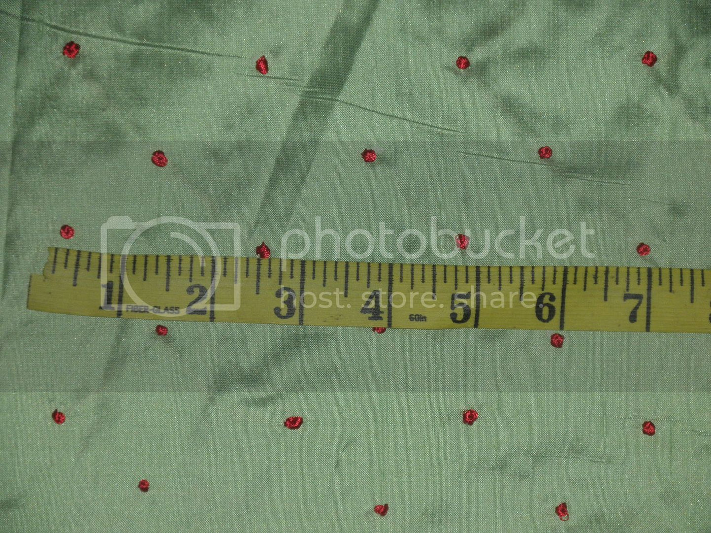 SILK DUPIONI Fabric Mint Green with Red embroidered dots 54&quot;