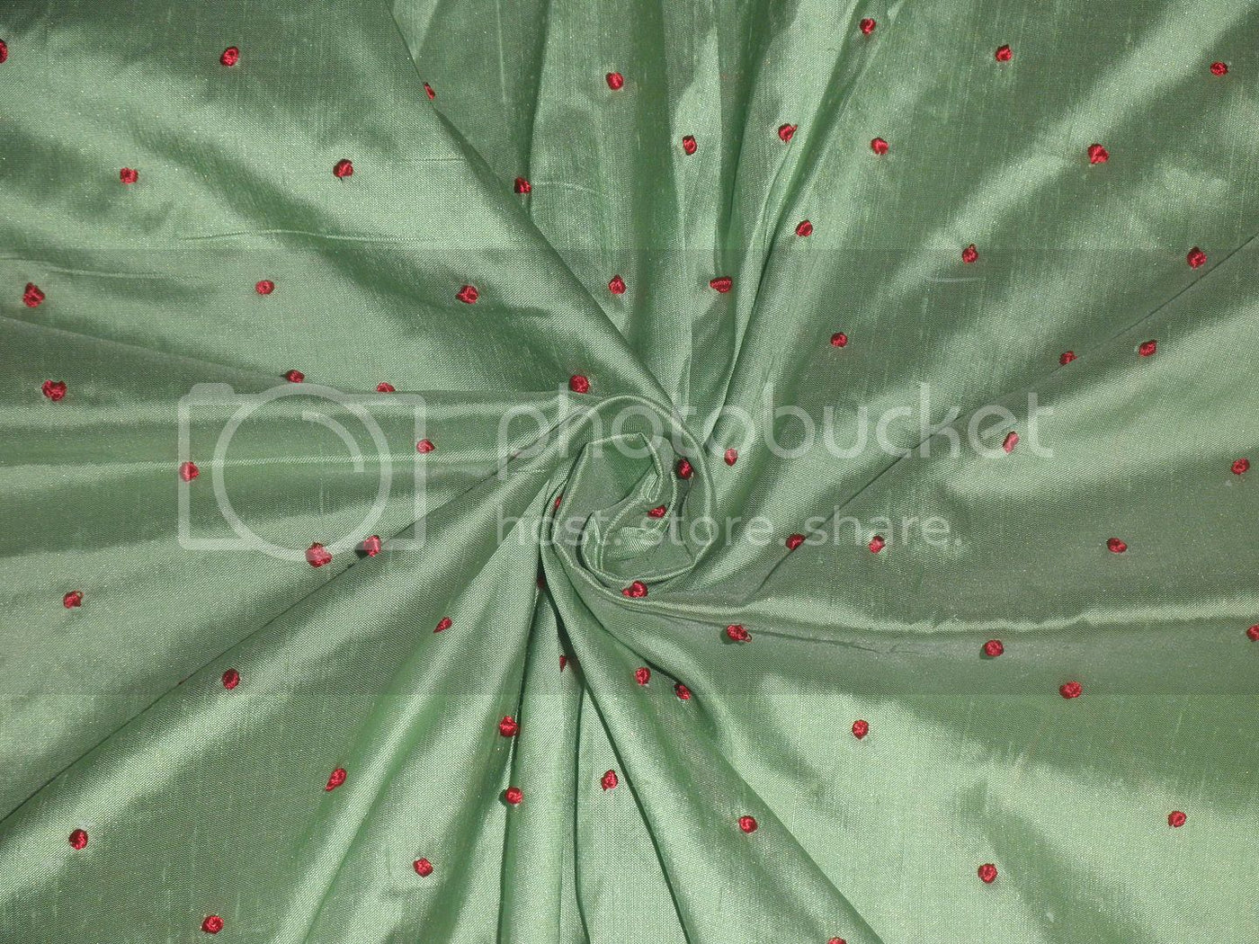 SILK DUPIONI Fabric Mint Green with Red embroidered dots 54&quot;