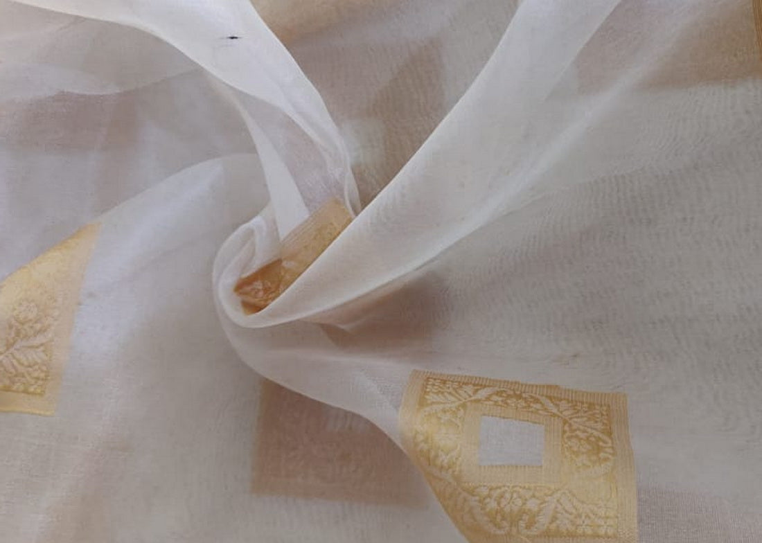 100% silk organza ivory with Geometric square gold jacquard design fabric 54" [11014]