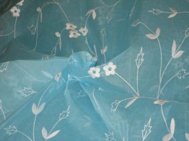 100 % Cotton organdy fabric embroidered Sky Blue colour w/white machine  embroidered 44