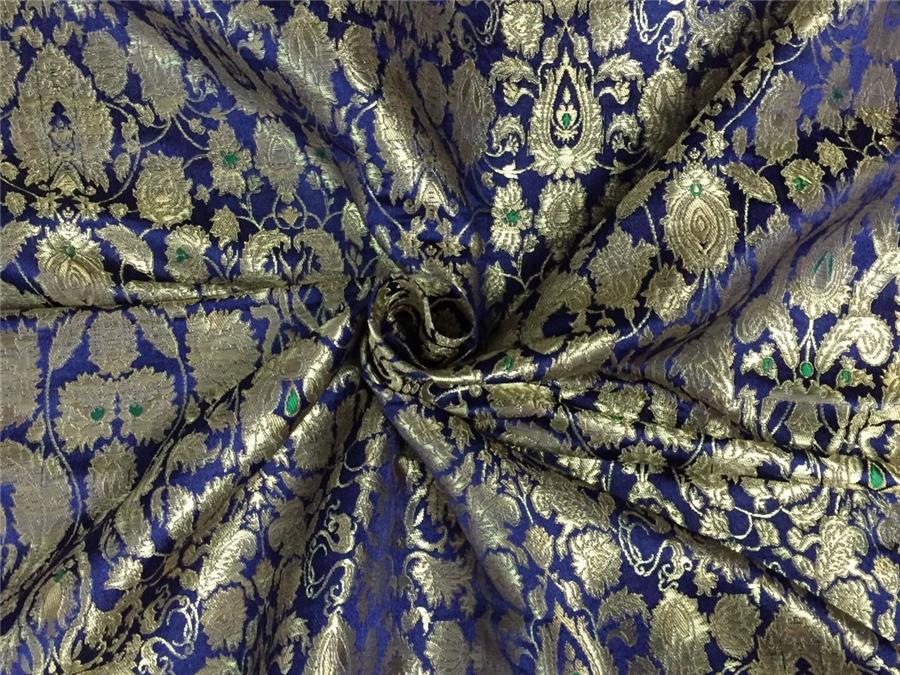 Heavy Silk Brocade Fabric navy blue x metallic gold color Bro566[2