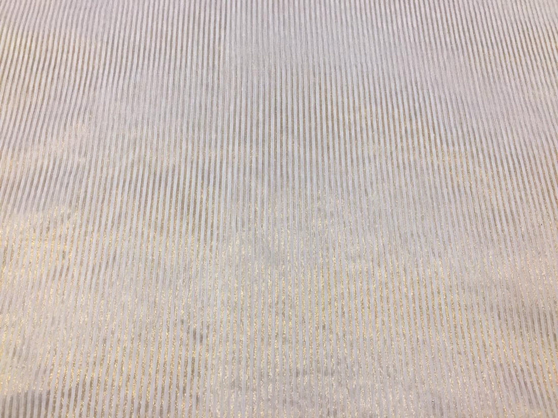 Silk Cotton Chanderi Fabric Natural ivory x metallic gold stripes 44&quot; wide [11351]