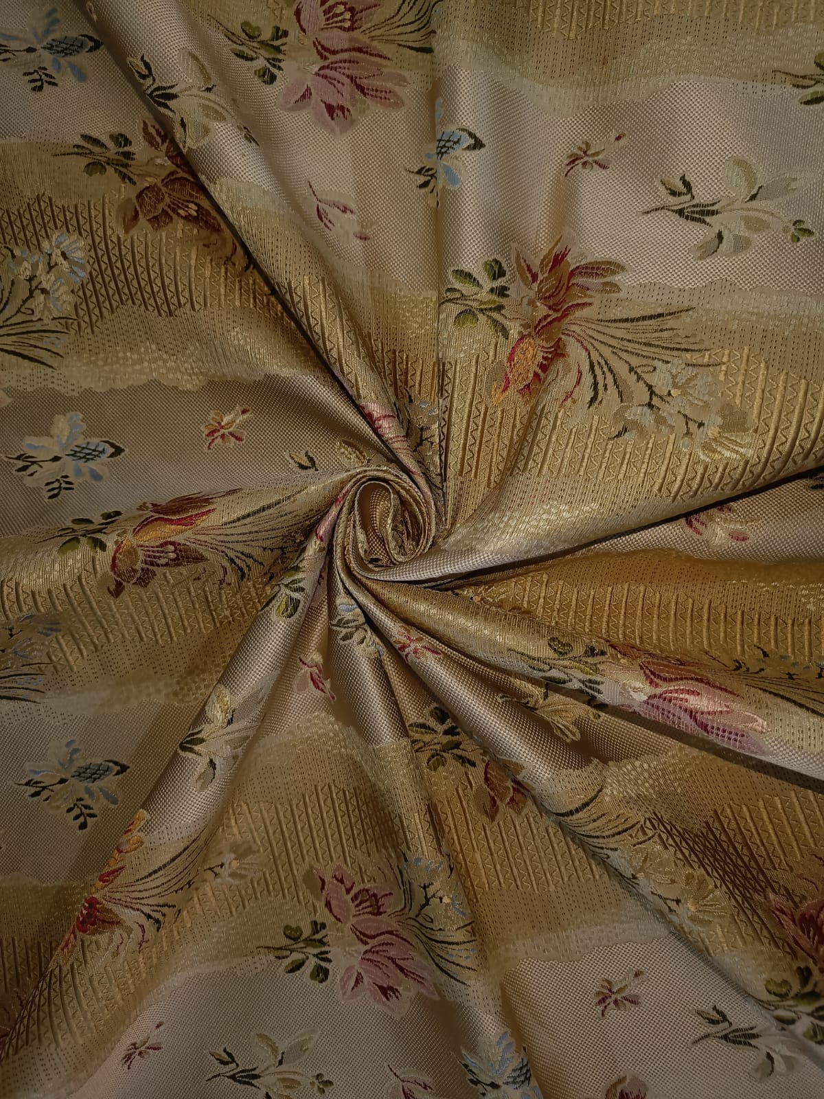 100% Silk Taffeta Jacquard Fabric  gold with floral jacquard stripes and floral embroidery  54" wide 74.70MOMME TAFJACNEW9 available for bulk preorder
