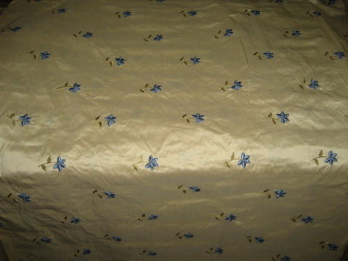 Gold SILK DUPIONI Fabric with blue velvet Embroidery