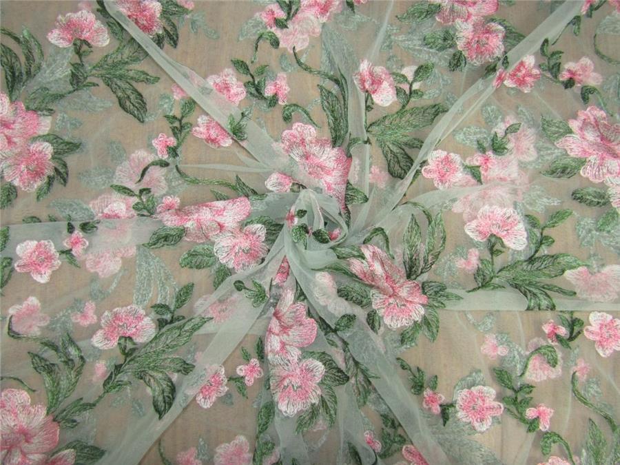 heavily embroidered net fabric mint green x pink 44" wide B2#89 heavily embroidered net fabric mint green x pink 44" wide B2#89