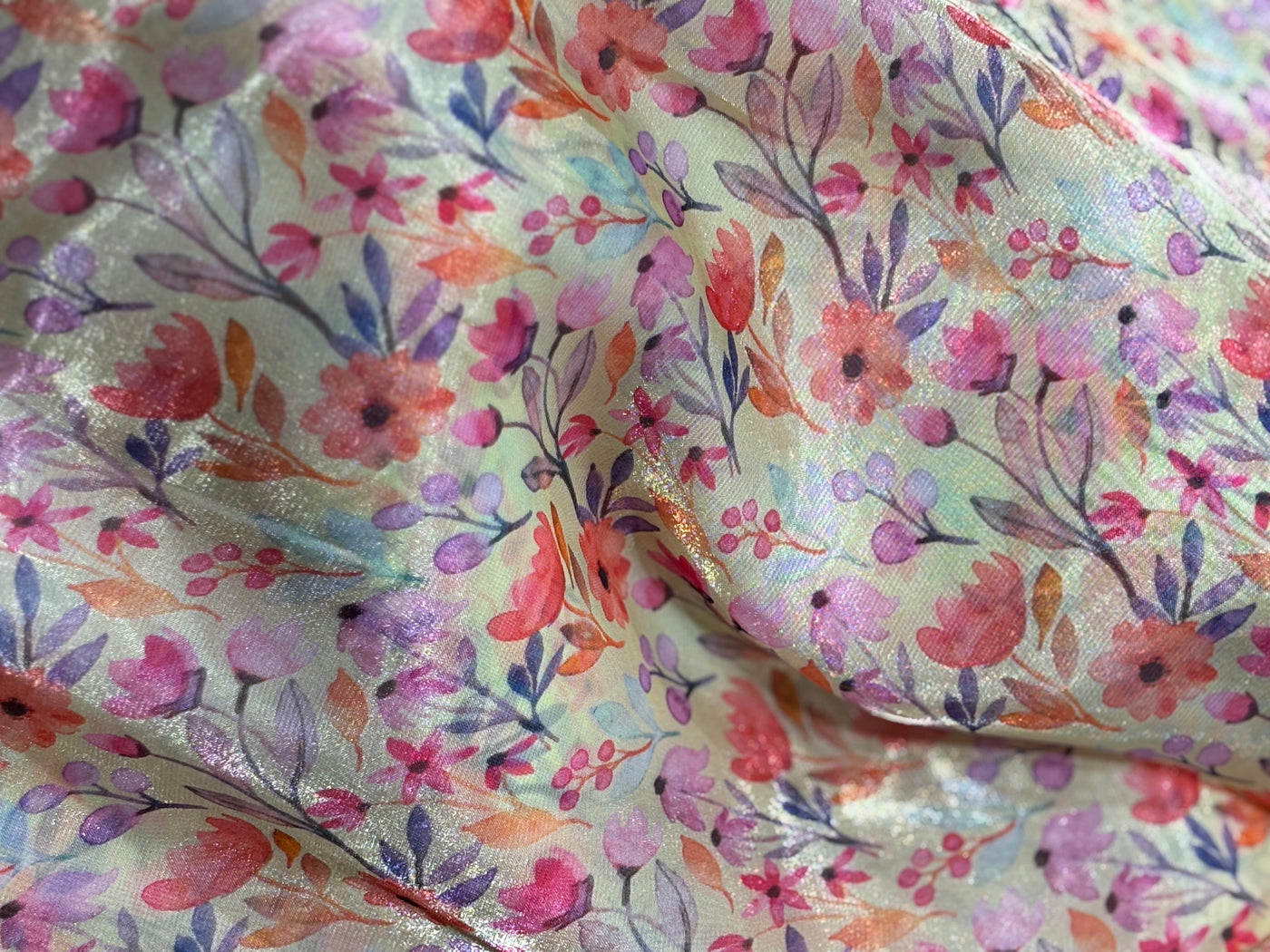 Silk metallic tissue organza fabric MULTI COLOR FLORAL JACQUARD 44 INCHES WIDE available in 2 STYLES MINT WITH PINK/ORANGE FLOWERS AND YELLOW WITH TINY PINK/ORANGE FLOWERS[17164/65]