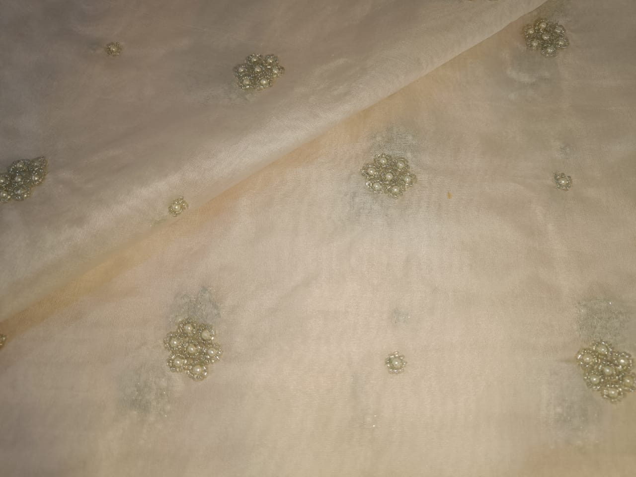 Silk organza with  pearl hand embroidery Semi Sheer fabric 54" wide available in 2 colors ivory and antique gold pearls/ivory and ivory pearls