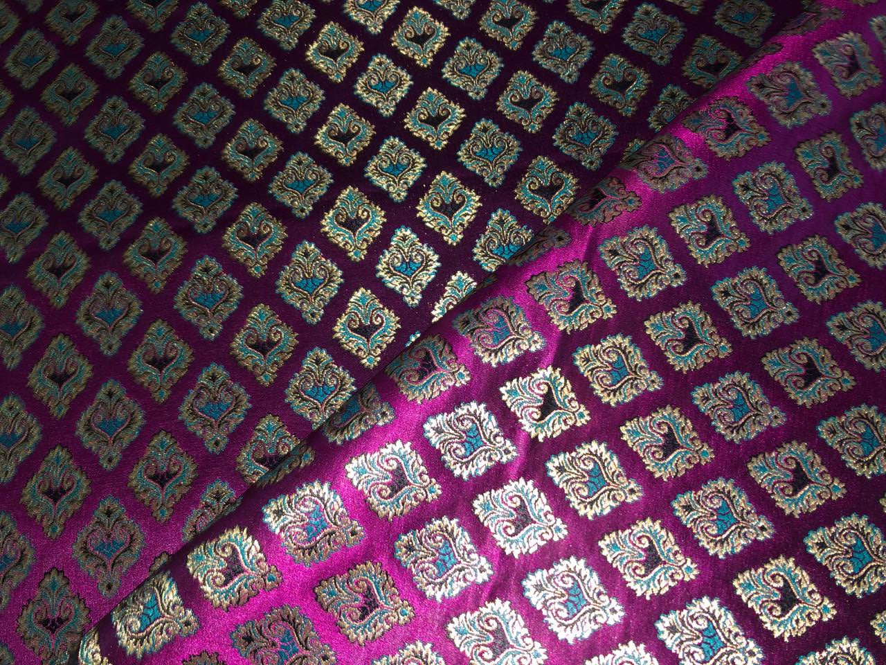 Silk Brocade fabric 44" magenta with teal and  gold metallic jacquard  motif BRO1056[1]