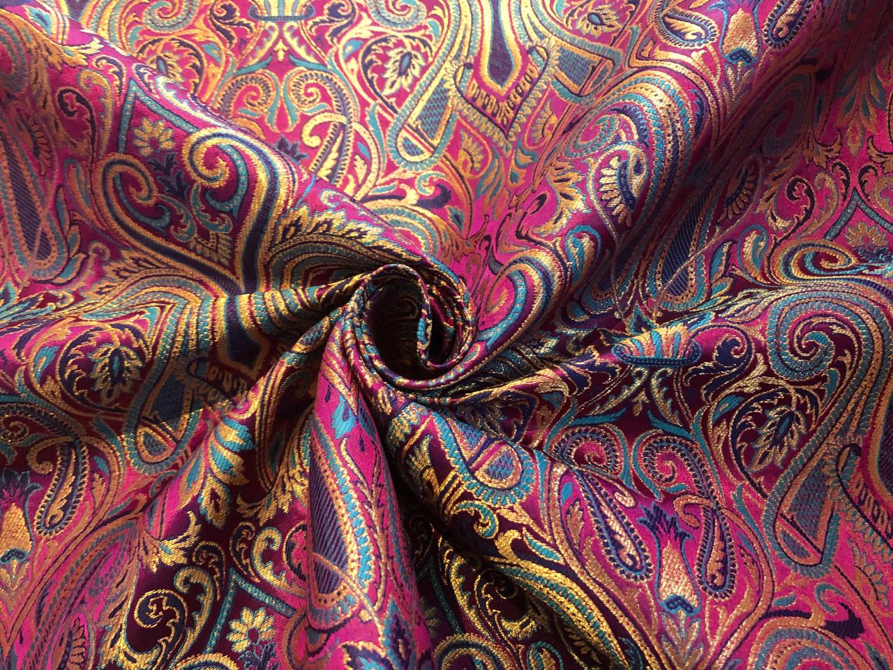 Silk Brocade fabric gold jacquard paisleys available in 3 colors pink/teal , green and red/black  BRO1103