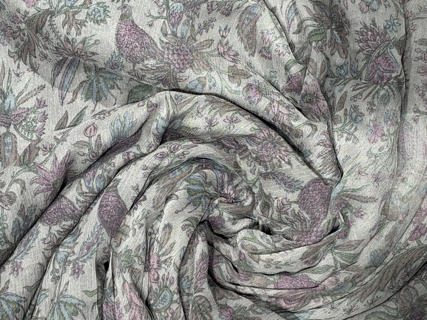 Silk chiffon  fabric iridescent  pink green and grey floral with bird  print  44" wide [17794]