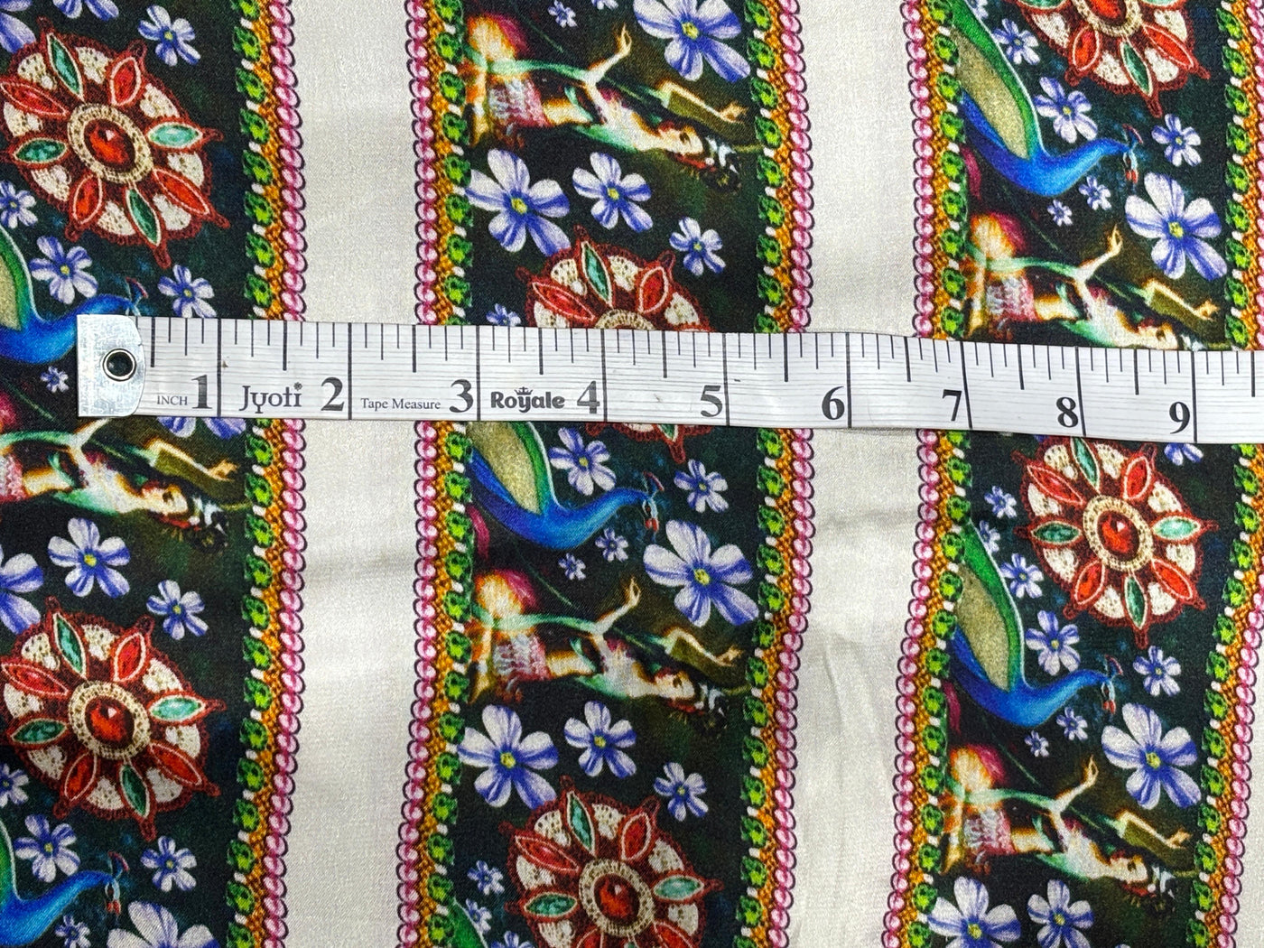 100% Pure Silk Satin 90 Grams Printed stripes of Indian classical dance with peacocks  44"Wide  Fabric [17792]
