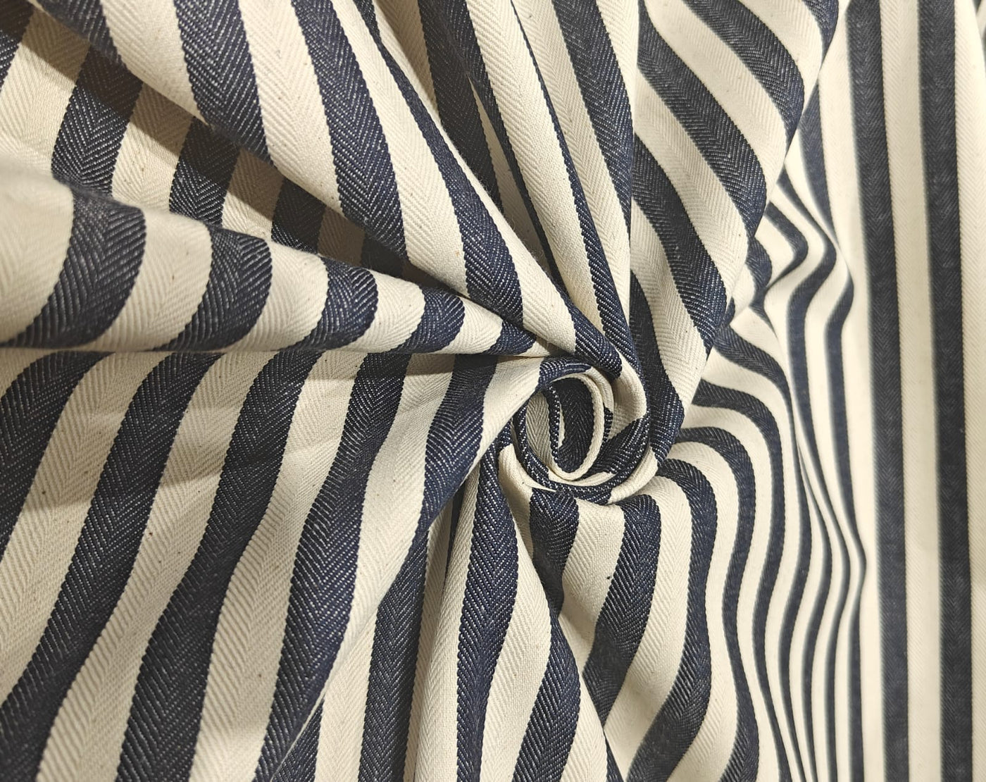 Cotton Denim Fabric ecru and navy herringbone stripes 58" wide [18241]ROLL